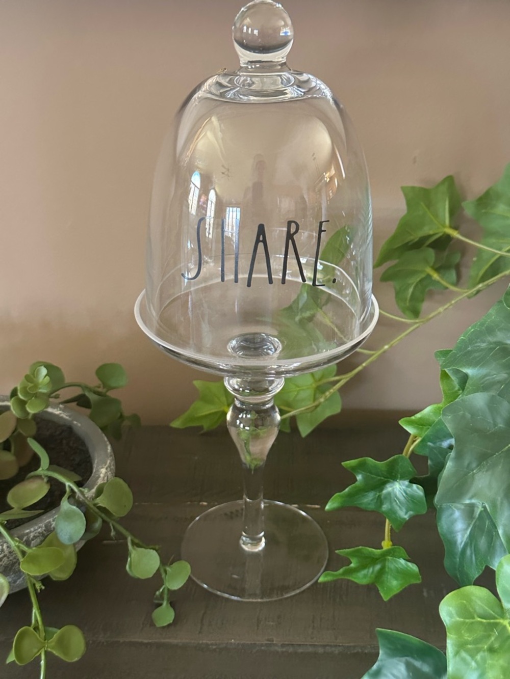 Rae Dunn tall glass cupcake stand with dome lid and pedestal. SHARE'